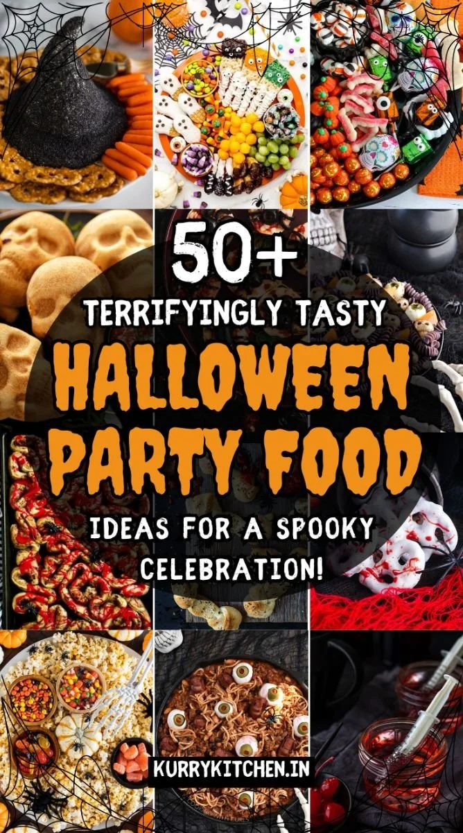 Display of various spooktacular Halloween party foods for a festive gathering