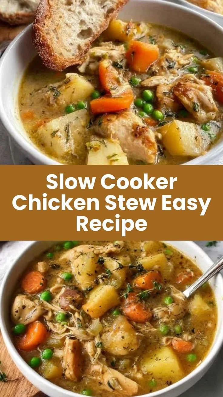 Delicious slow cooker chicken stew served in a bowl with vegetables