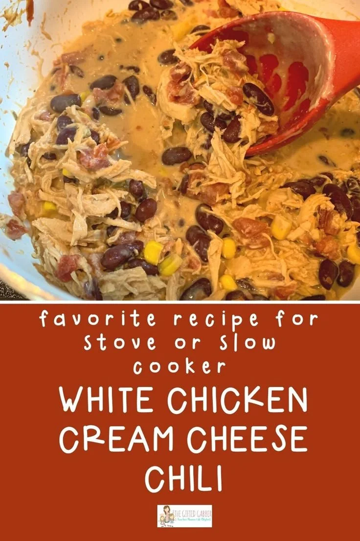 Bowl of Amazing White Chicken Cream Cheese Chili garnished with herbs