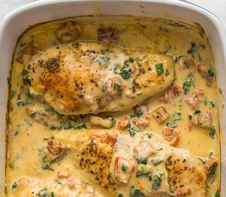 Juicy baked Tuscan chicken breast served with fresh vegetables and herbs.