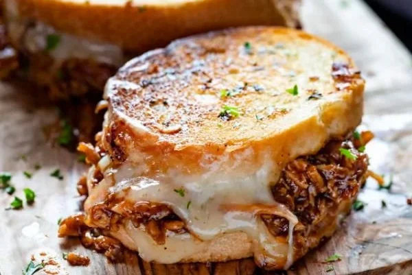 BBQ Chicken Grilled Cheese sandwich with crispy edges and melted cheese