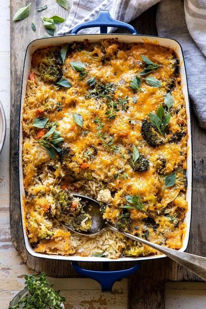Creamy Broccoli Cheddar Chicken and Rice Casserole dish ready to serve.