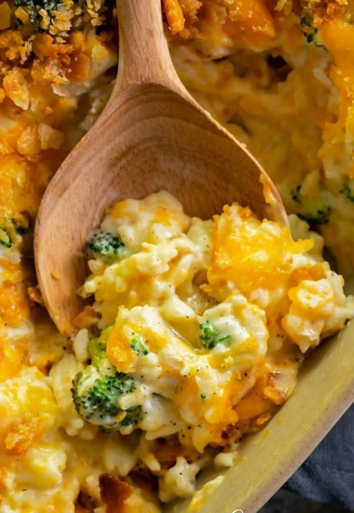 Delicious Broccoli Cheese Casserole with Rice and Chicken on a serving dish