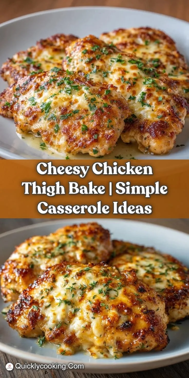 Cheesy Chicken Thigh Bake casserole with melting cheese and herbs