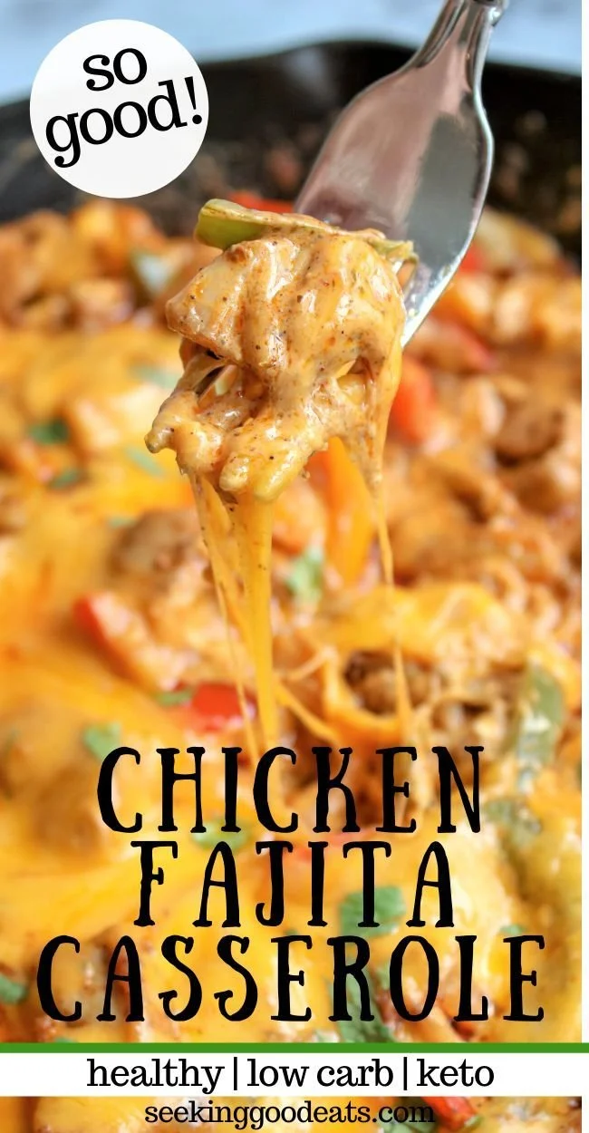 Low carb Chicken Fajita Casserole topped with colorful peppers and cheese