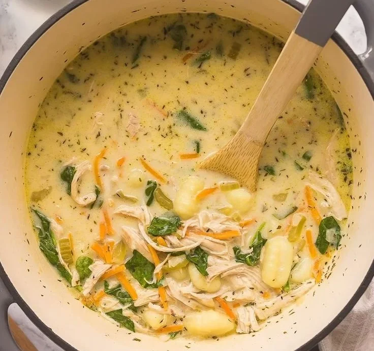 Delicious bowl of Chicken Gnocchi Soup garnished with herbs and fresh vegetables.
