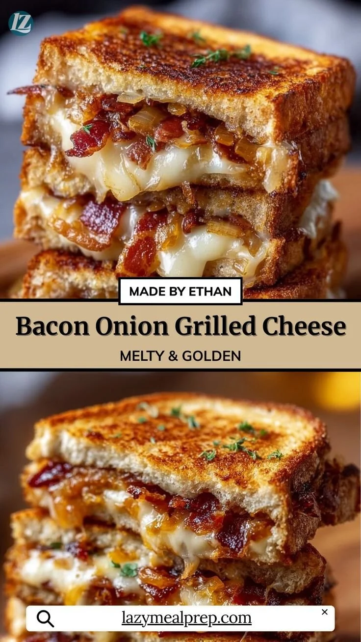 Cozy bacon and caramelized onion grilled cheese sandwich ready for lunch.