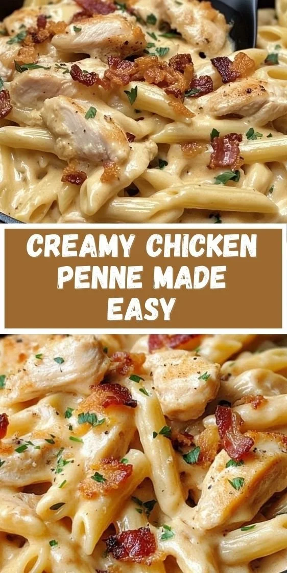 Creamy Chicken Penne pasta dish topped with herbs and grated cheese