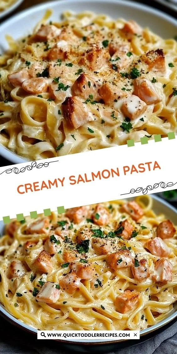 Creamy salmon pasta served in a bowl with herbs and seasoning