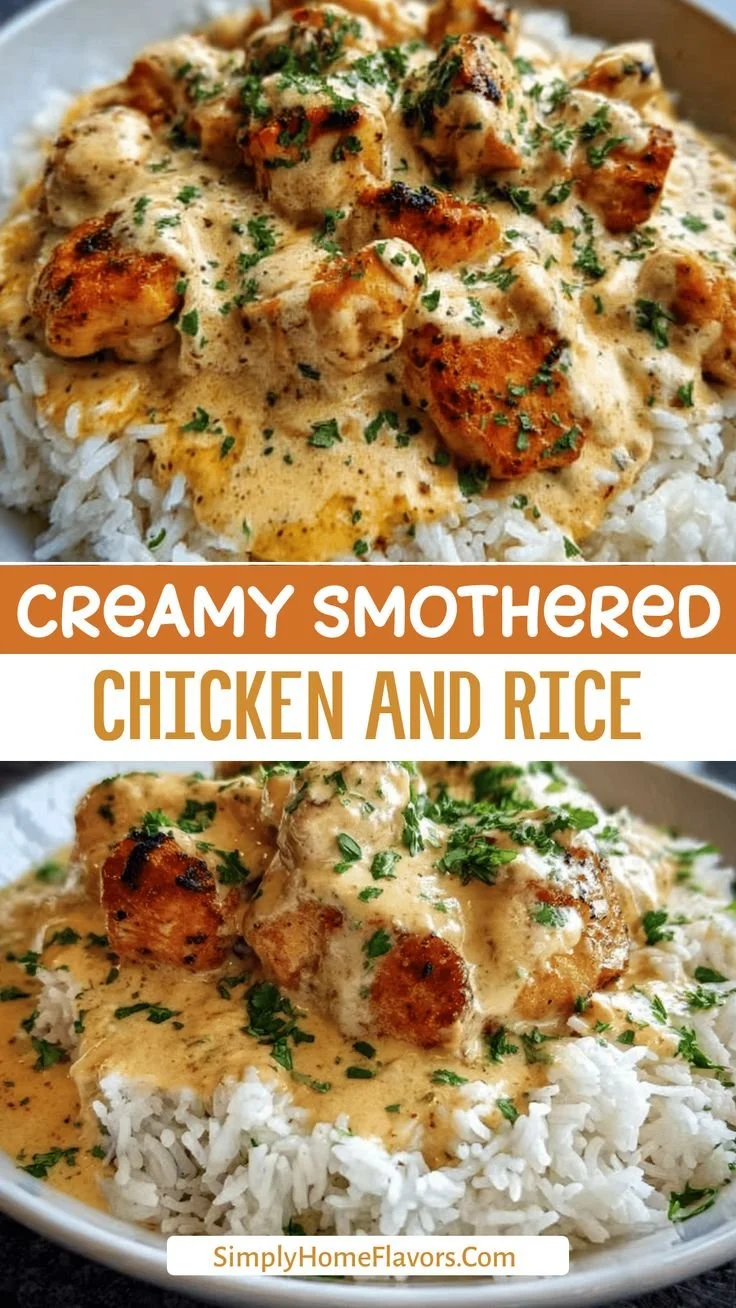 Delicious creamy smothered chicken served with rice on a dinner plate