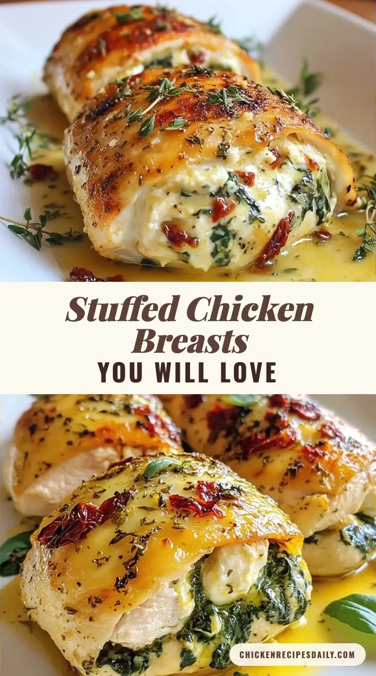 Creamy spinach feta stuffed chicken breasts on a plate with herbs