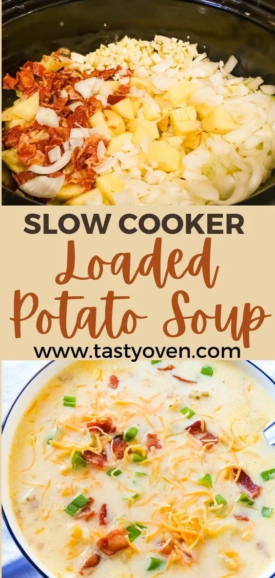 Bowl of creamy Crock Pot Potato Soup garnished with herbs and spices
