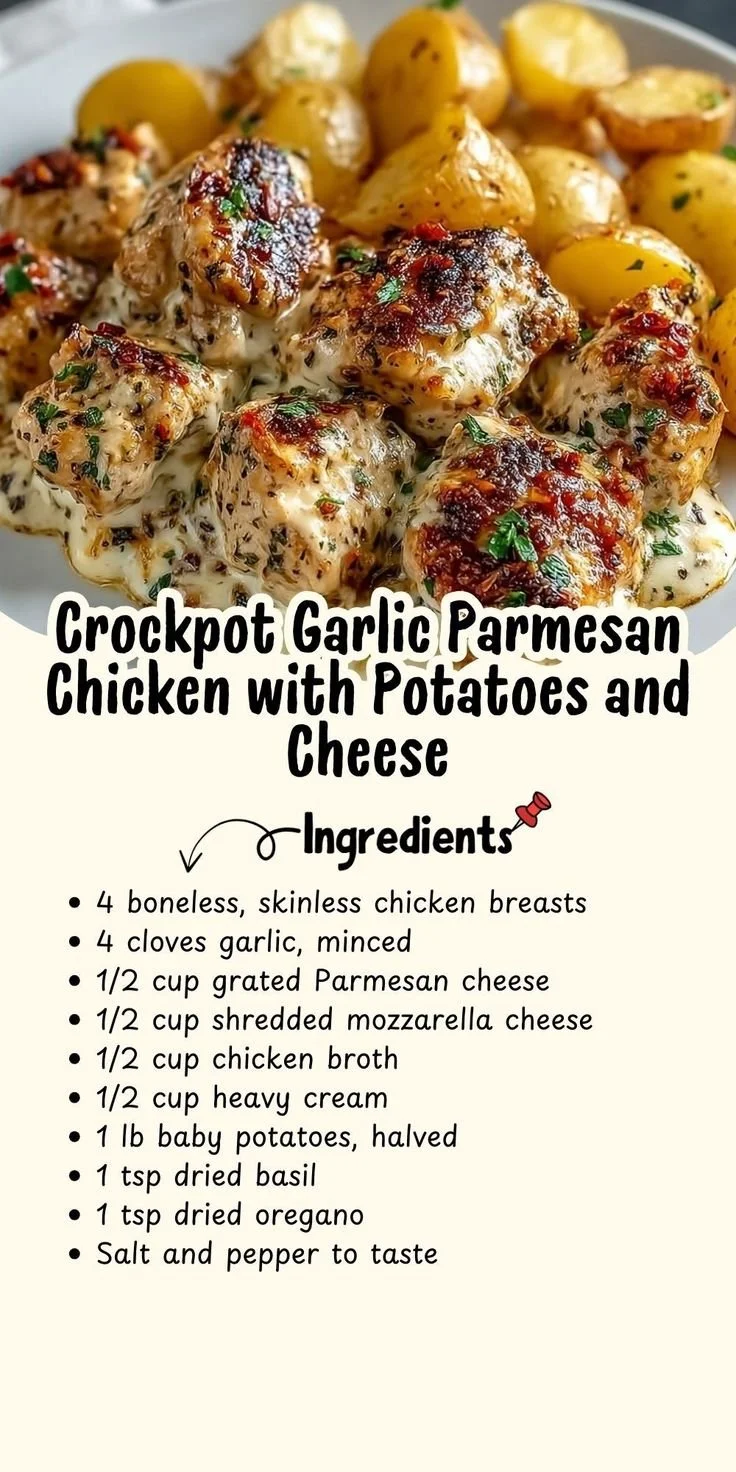 Crockpot Garlic Parmesan Chicken served with potatoes and cheese