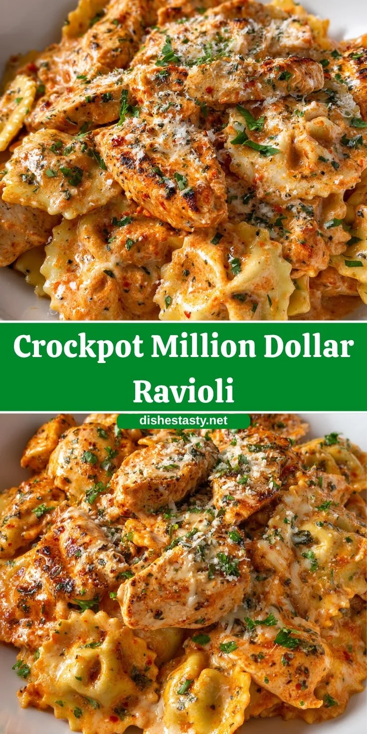 Delicious Crockpot Million Dollar Ravioli with cheese and creamy sauce