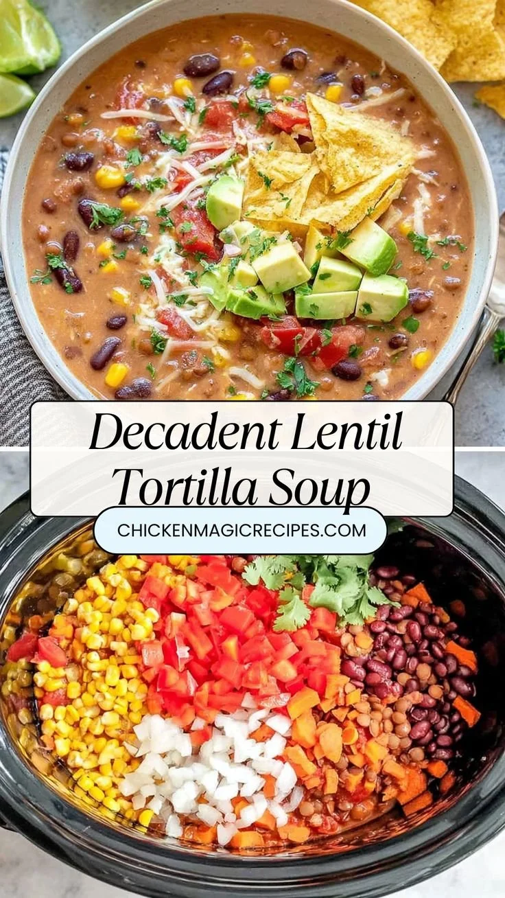 Bowl of decadent lentil tortilla soup garnished with avocado and tortilla strips