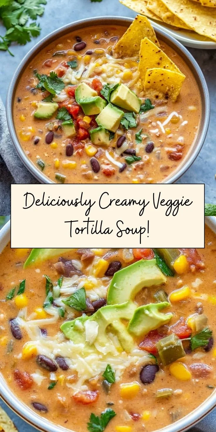 Bowl of creamy vegetarian tortilla soup topped with tortilla strips and avocado