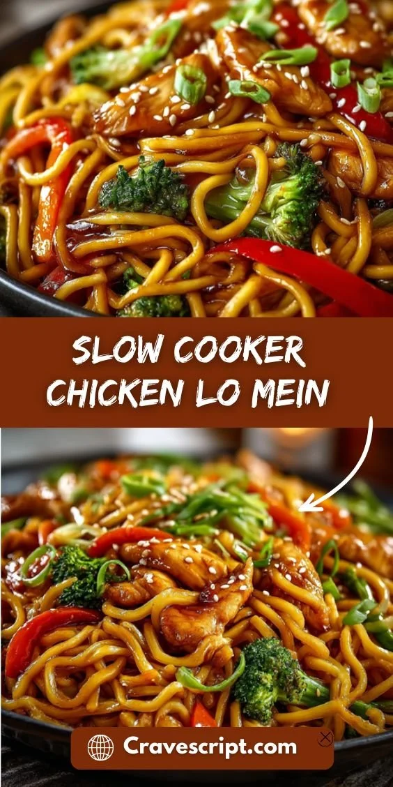 Bowl of homemade crockpot chicken lo mein with vegetables and noodles