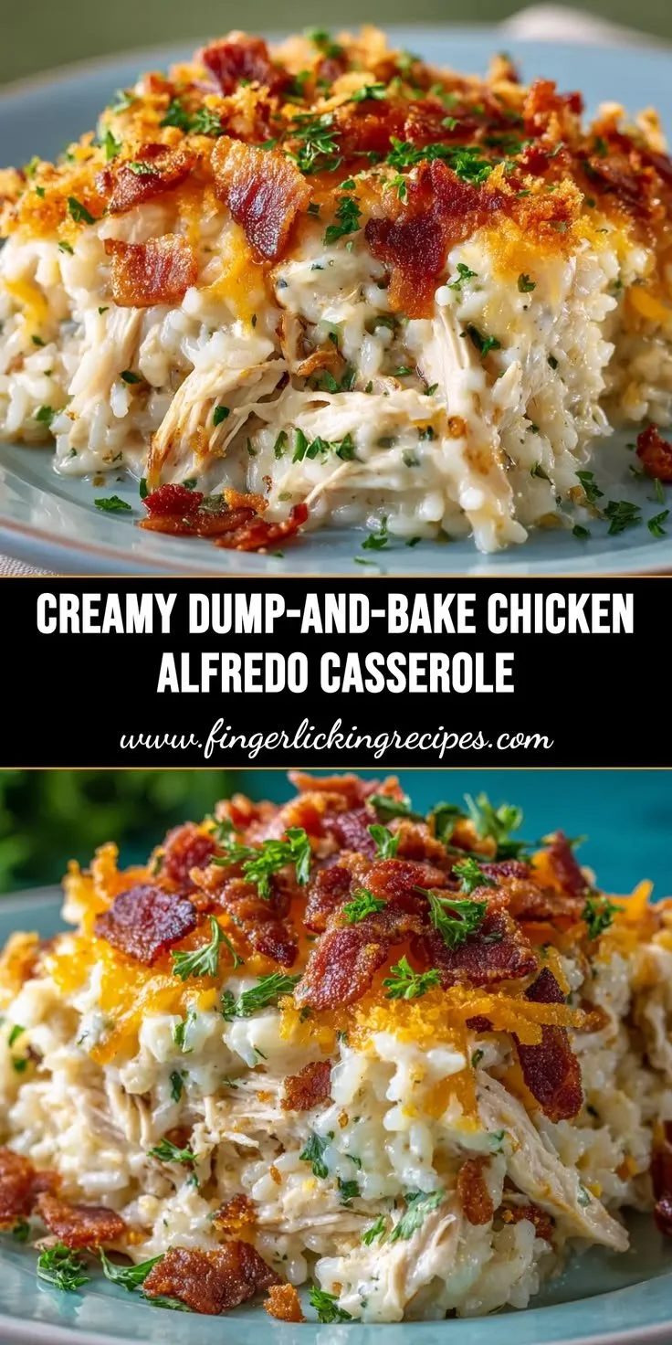 Creamy Chicken Alfredo Casserole made with rice in a baking dish