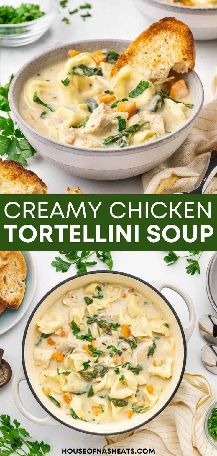 Bowl of easy creamy chicken tortellini soup garnished with herbs