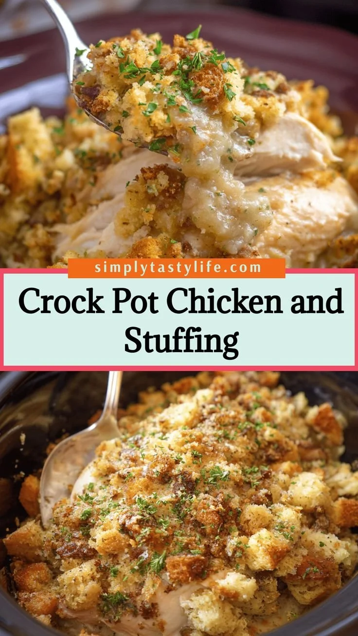 Easy crock pot chicken and stuffing dish ready to serve.