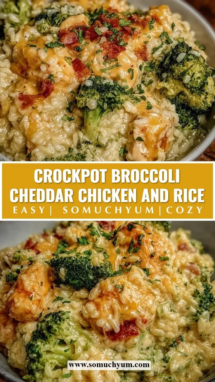 Crockpot broccoli cheddar chicken with rice served in a bowl