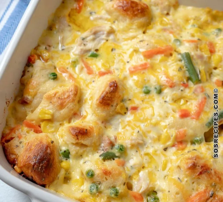 Delicious homemade chicken pot pie casserole ready to serve with a golden crust
