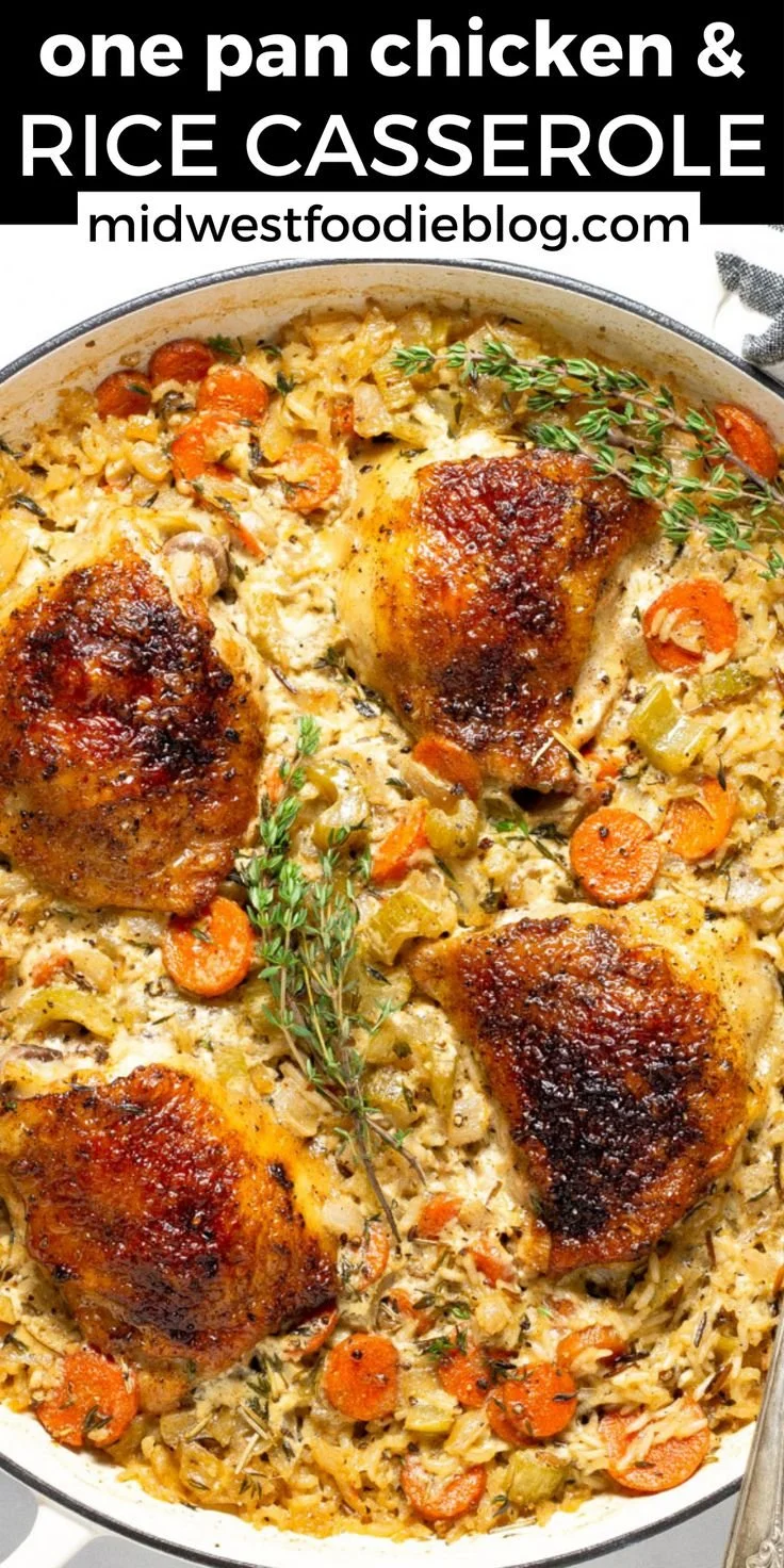 Easy one pan chicken rice casserole baked with flavorful ingredients