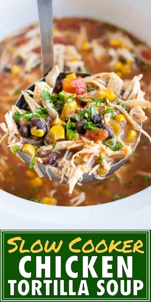 Bowl of easy slow cooker chicken tortilla soup with toppings