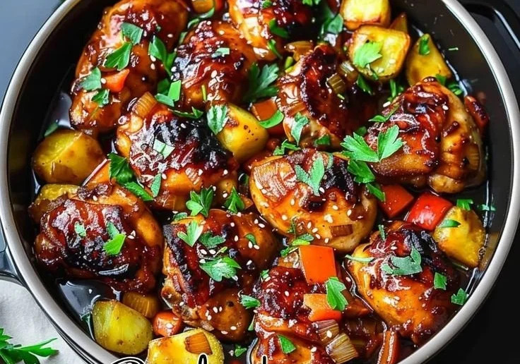 Delicious Easy Sweet Hawaiian Crockpot Chicken served in a bowl