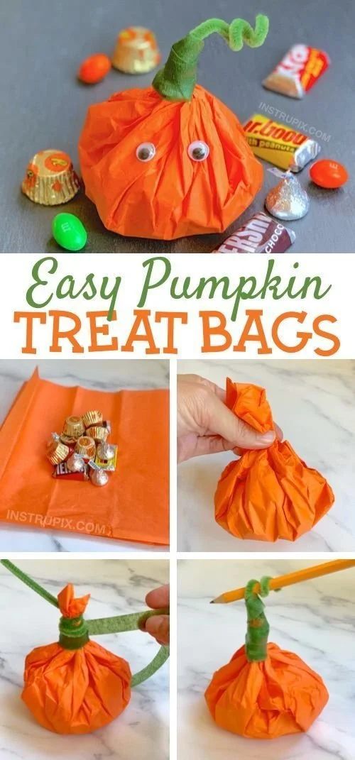 Colorful tissue paper pumpkin goody bags for Halloween treats