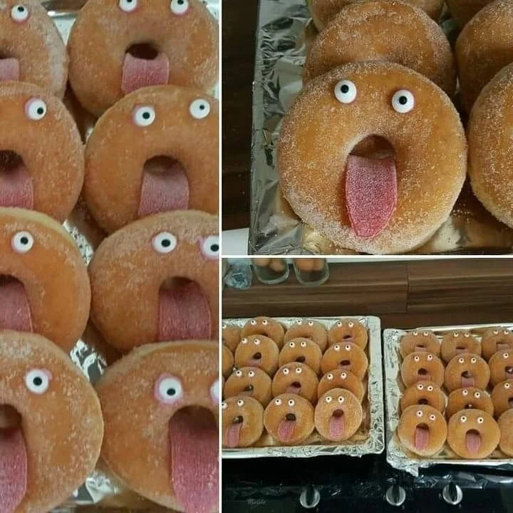 A colorful assortment of funny donuts with quirky designs and playful toppings.
