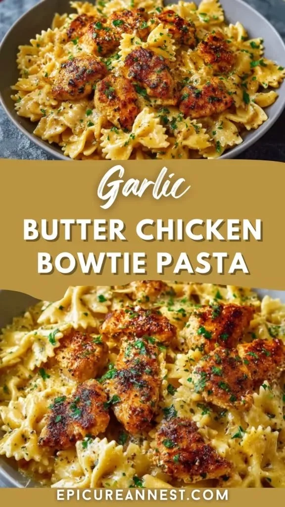 Creamy Garlic Butter Chicken Bowtie Pasta in a bowl, garnished with parsley.