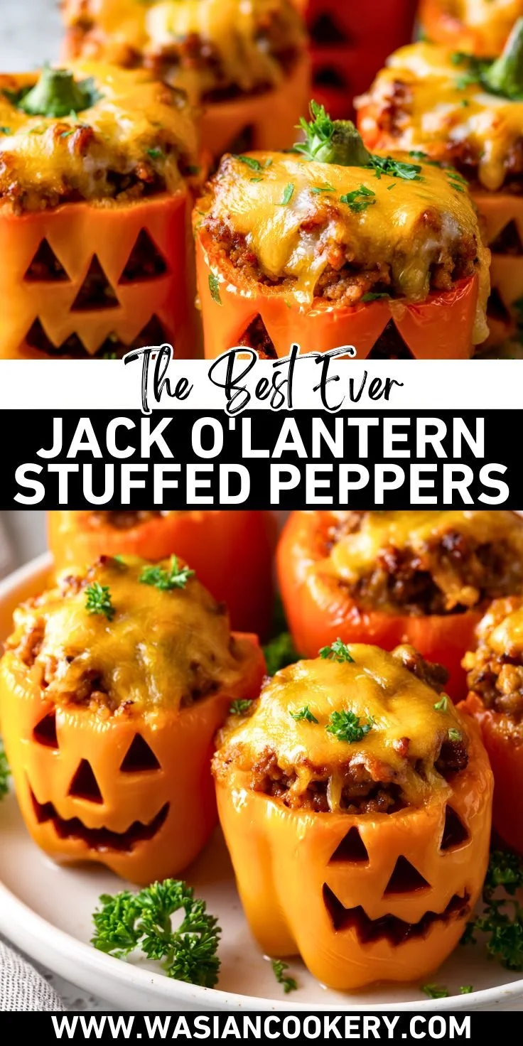 Halloween Jack-O’-Lantern stuffed peppers creatively designed for festive meals