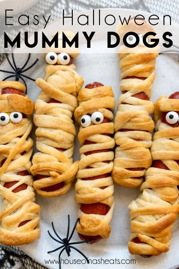Delicious Halloween mummy dogs wrapped in dough, perfect for spooky snacks.