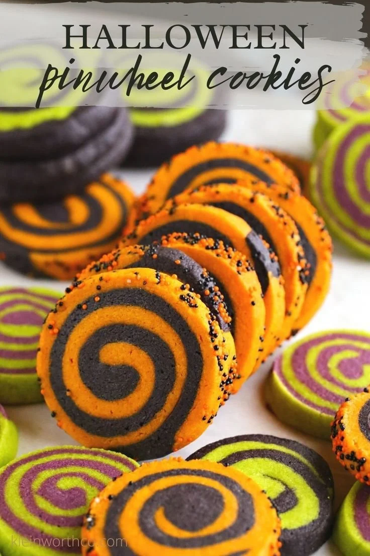 Halloween Pinwheel Sugar Cookies decorated with vibrant colors