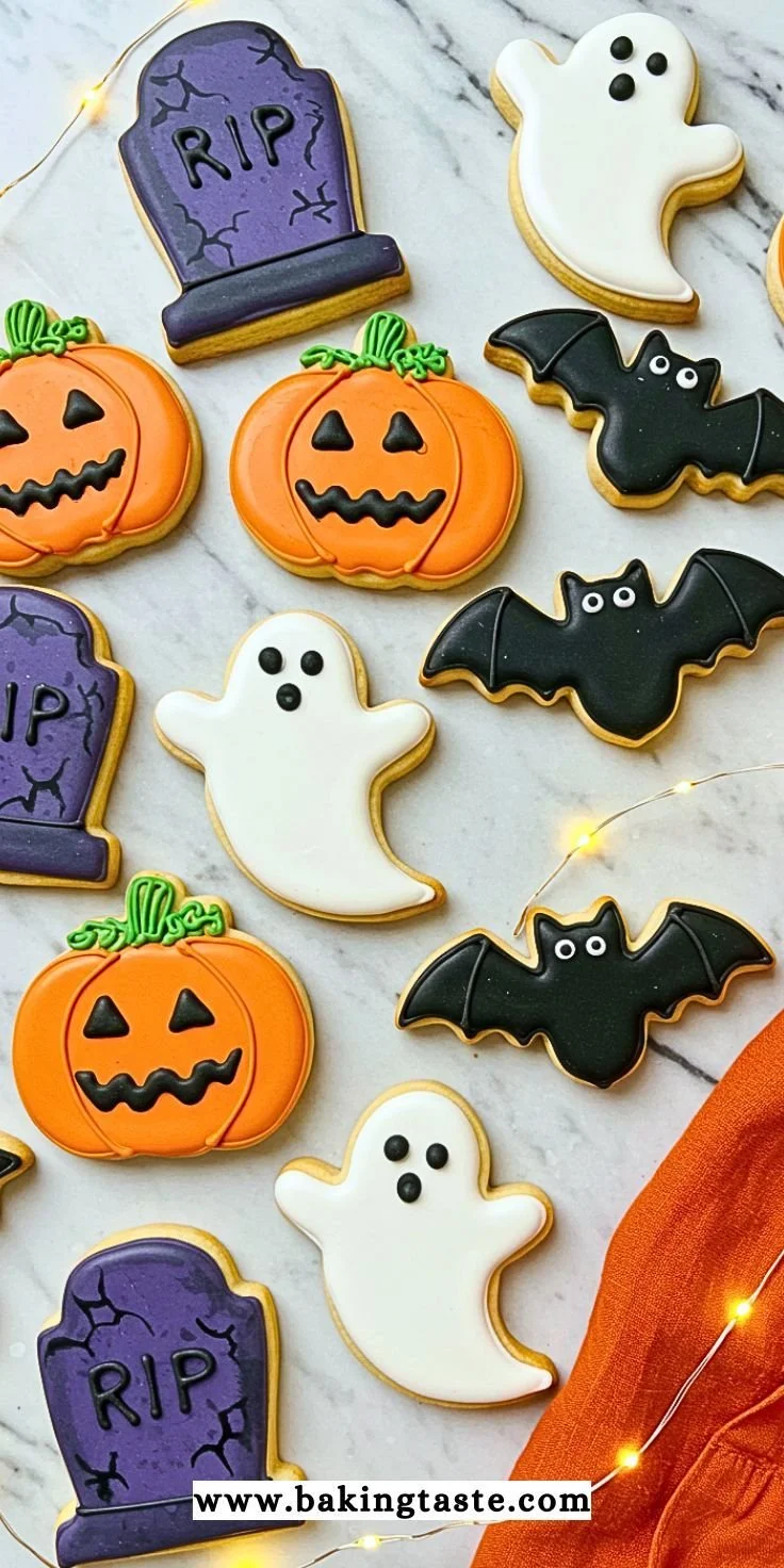 Spooky Halloween sugar cookies decorated with colorful icing and Halloween themes