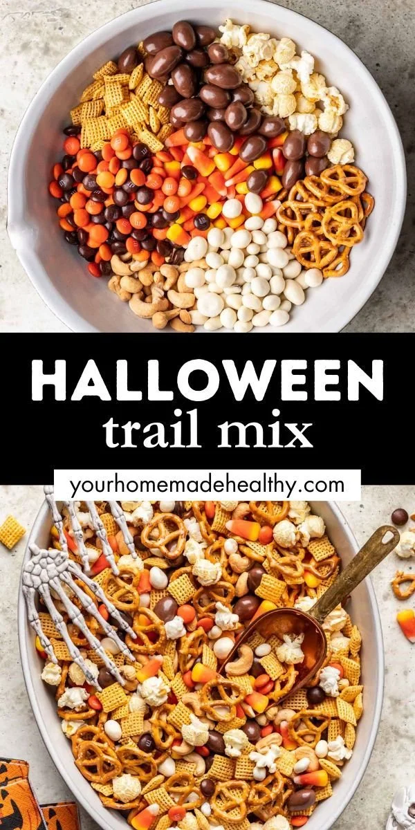 Bowl of colorful Halloween Trail Mix with spooky candy and nuts