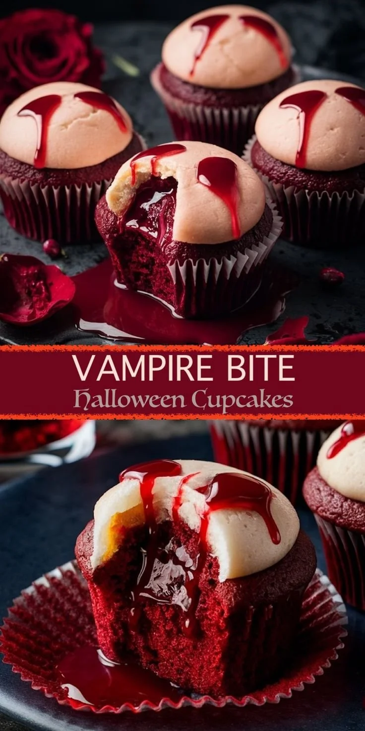 Halloween vampire bite cupcakes with a gory surprise filling