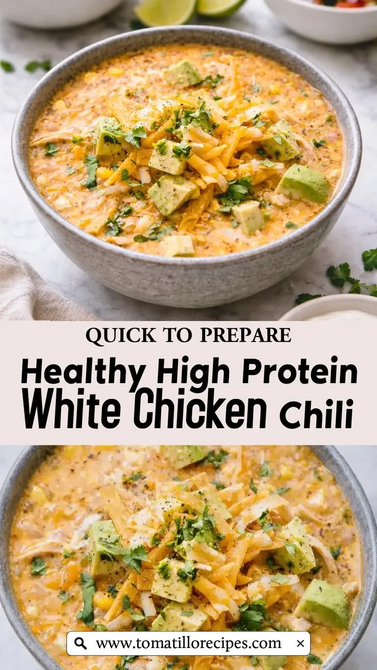 Healthy high protein white chicken chili in a bowl garnished with cilantro