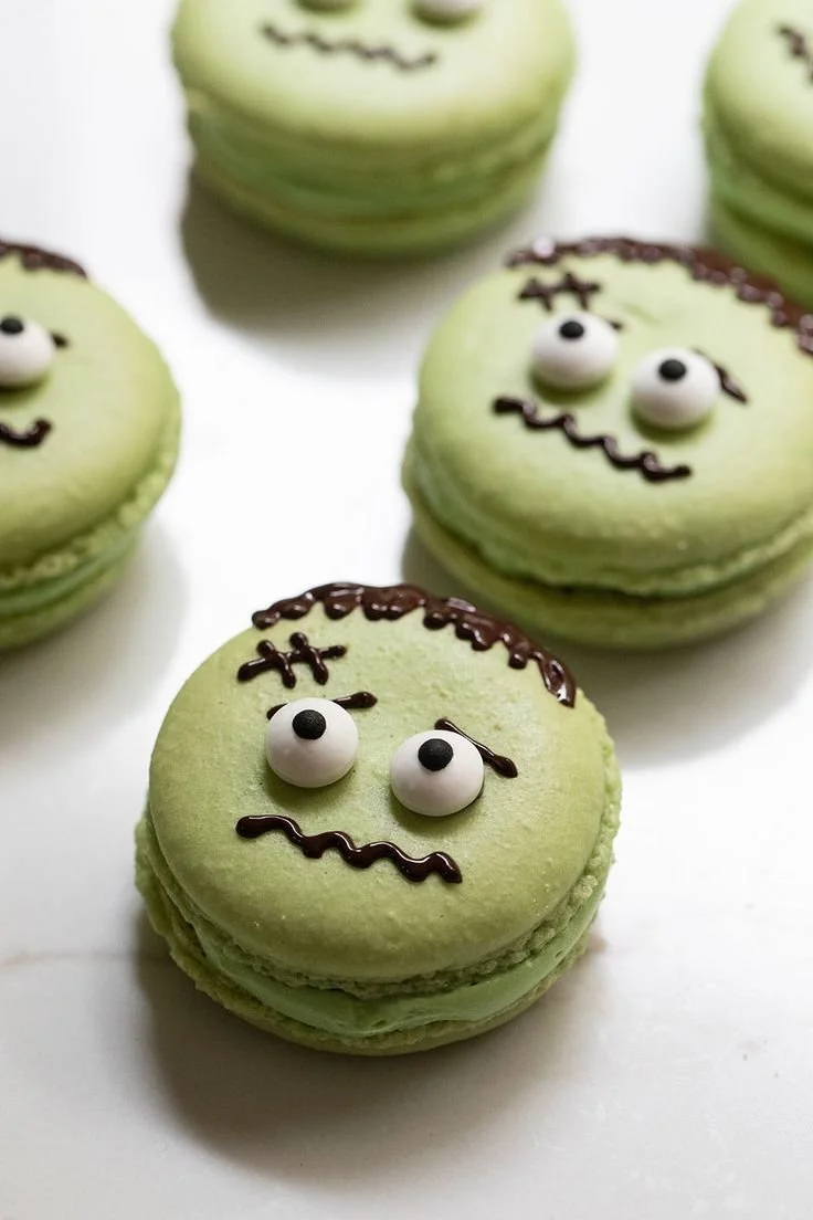 Colorful and spooky Frankenstein Macarons for Halloween baking