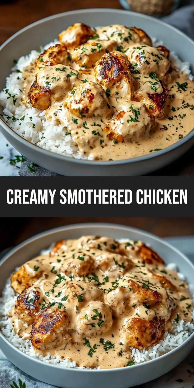 Easiest creamy smothered chicken served over rice