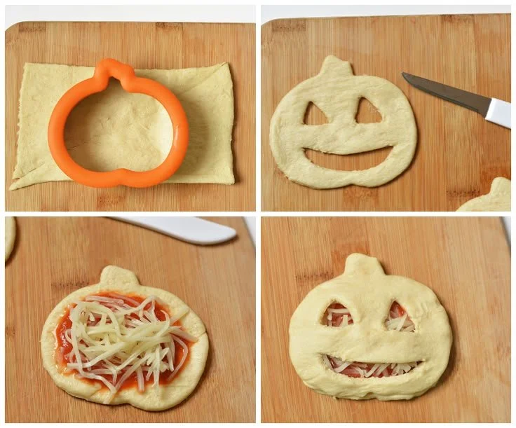 Jack O' Lantern Crescent Pizza Pockets for Halloween snack