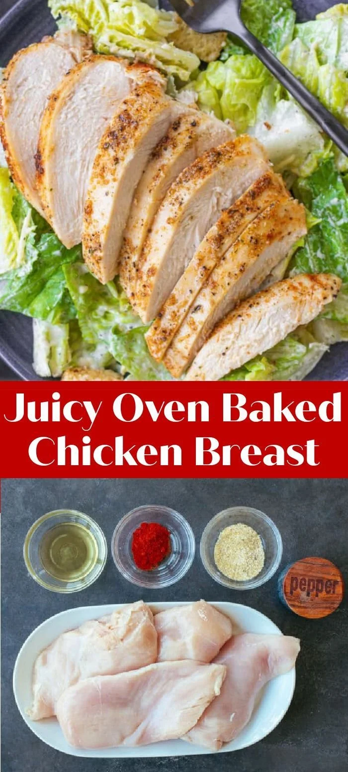 Juicy oven baked chicken breast served on a plate with herbs