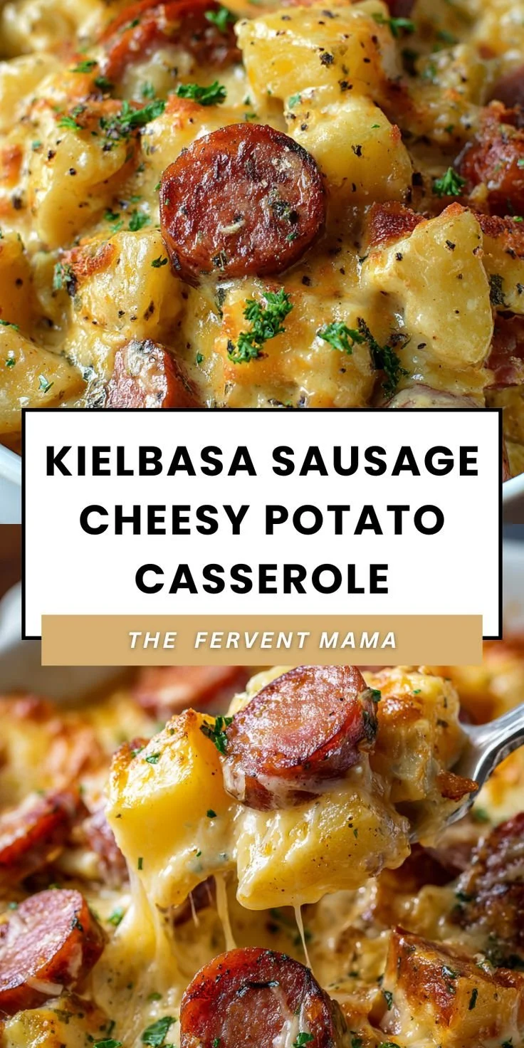 Kielbasa sausage cheesy potato casserole in a baking dish