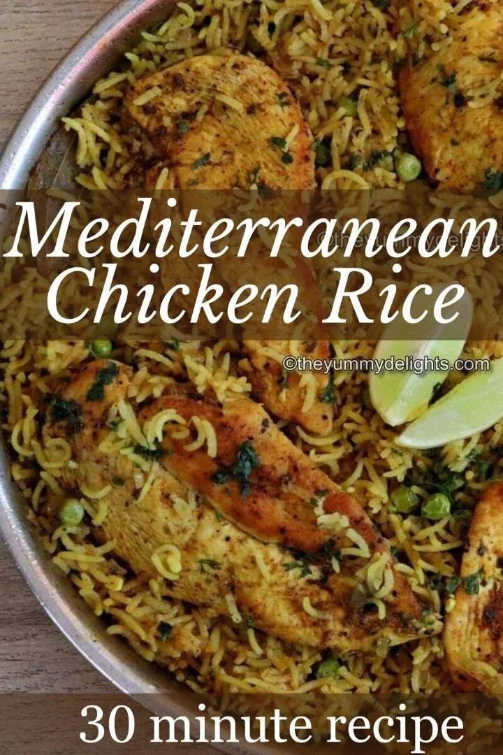 Mediterranean Chicken and Rice served in a bowl with fresh herbs and vegetables