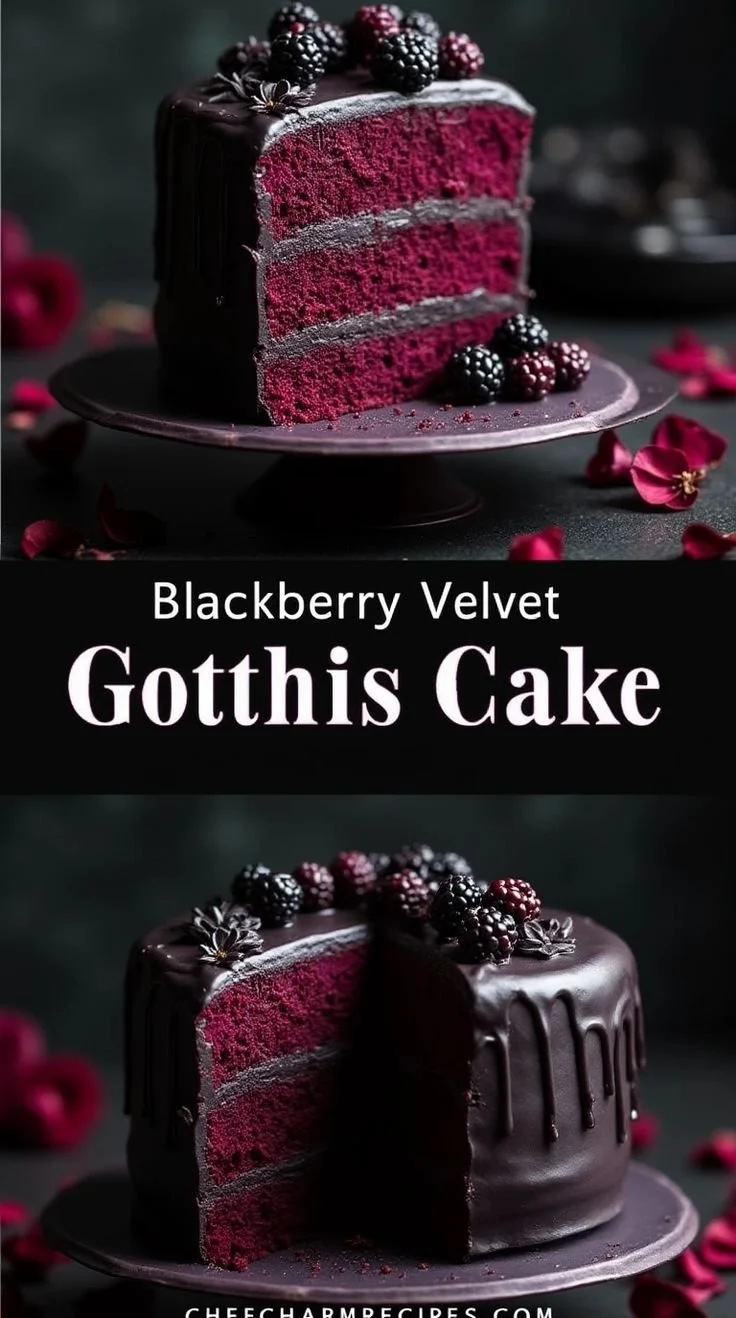 Midnight Blackberry Velvet Cake topped with fresh blackberries and cream.