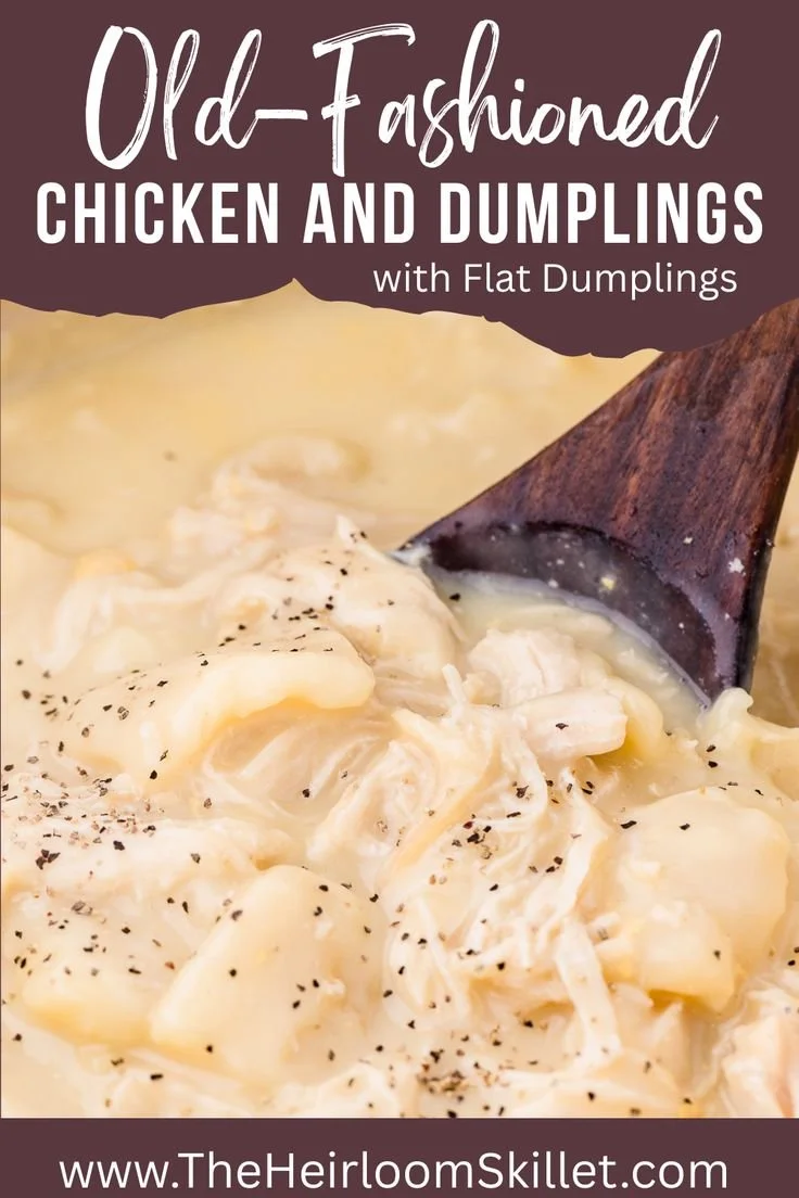 Bowl of old-fashioned chicken and dumplings with flat dumplings served with vegetables