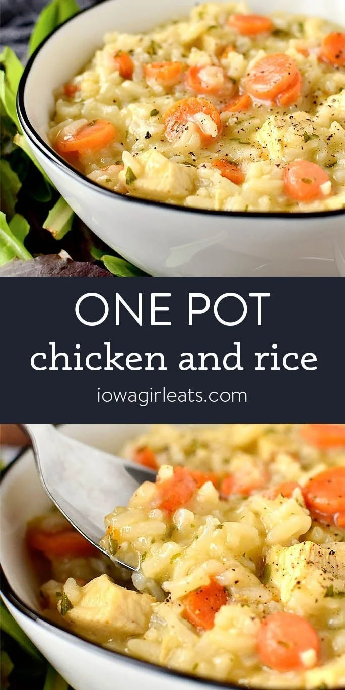 One Pot Chicken and Rice dish served in a skillet.