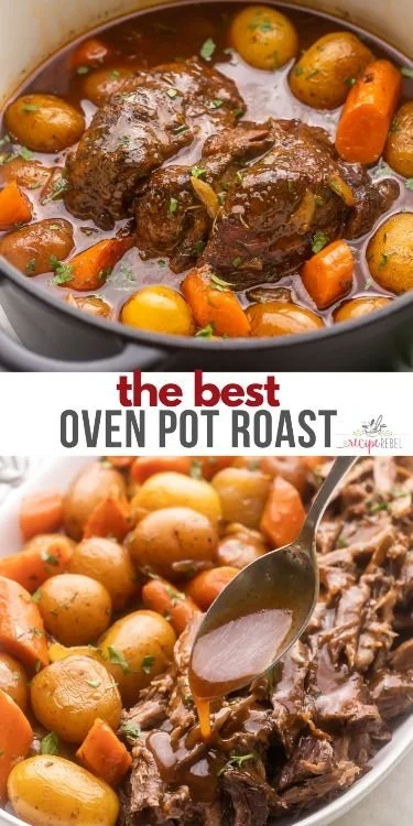 Delicious oven pot roast with vegetables and seasonings served on a plate.