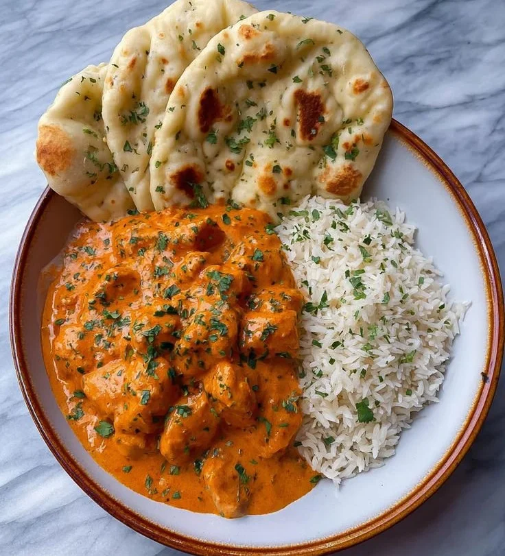 Delicious homemade butter chicken served with rice and naan.